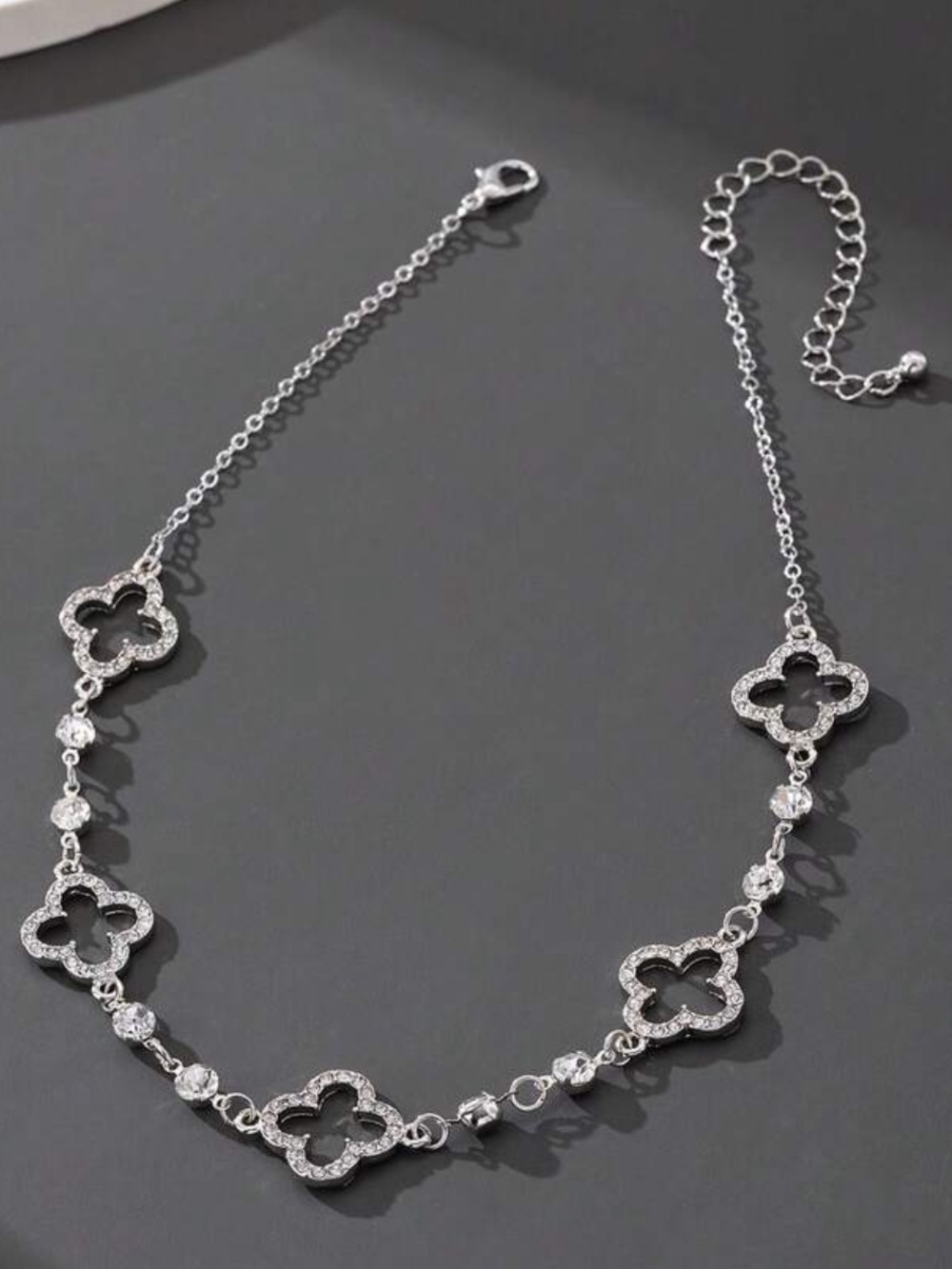 Silver Tone Clover-Link Necklace with Crystal Accents